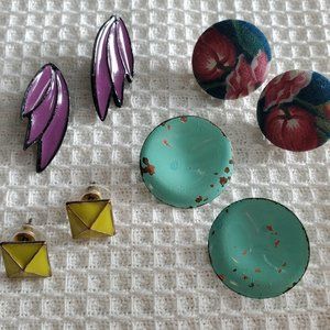Vintage 80s 90s Stud Earrings 4 pairs Floral Fabric Leafy Purple Cute Yellow ++